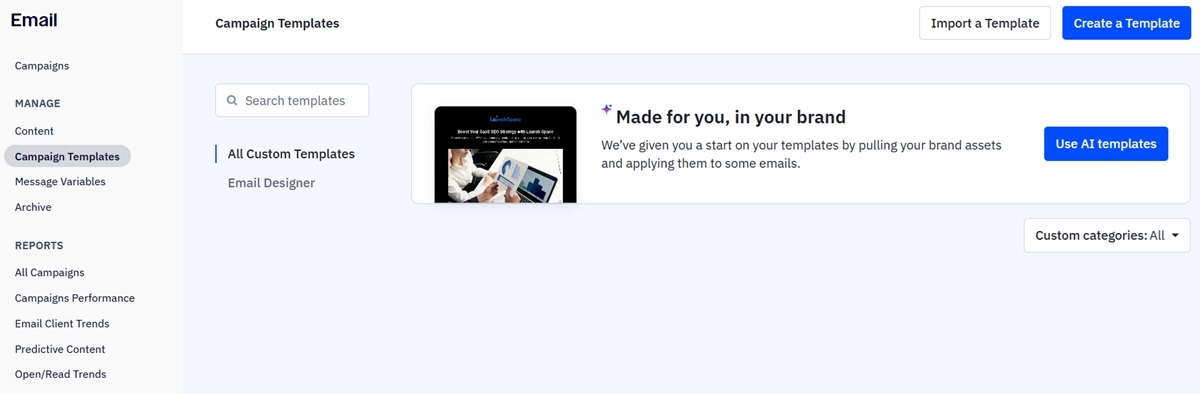 ActiveCampaign AI-generated branded email templates displaying business colors, logo, and custom design elements for marketing automation